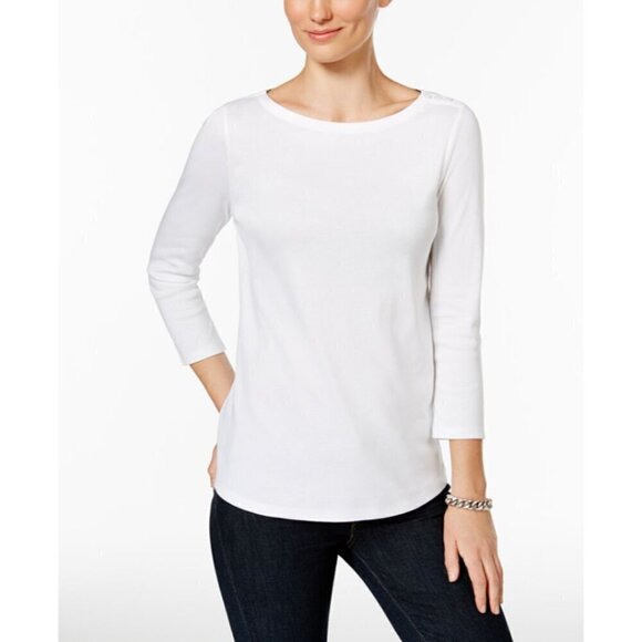 Charter Club Petite XL White Pima Cotton Button-Shoulder 3/4 Sleeve Top NWOT - Picture 1 of 6